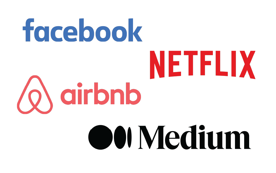 Companies using React: Facebook, Netflix, Airbnb, Medium logos